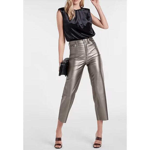 Womens Express Modern Straight 2 Brown Faux High Waisted Leather Pants - Picture 1 of 12